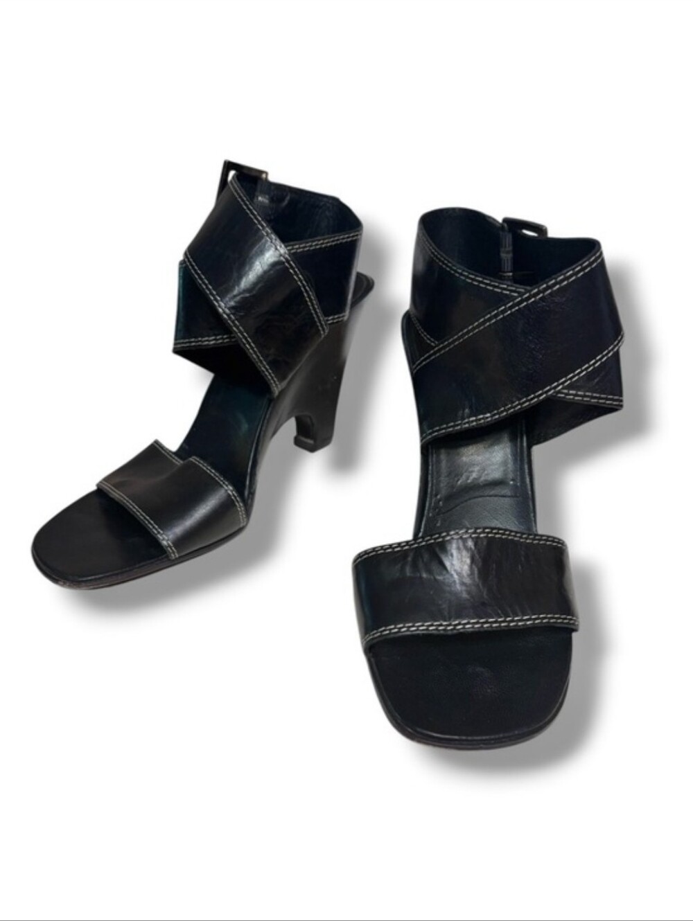 ANNE KLEIN Black Leather Ankle Wrap Wedges Contrast Stitching Size 7EUC!!